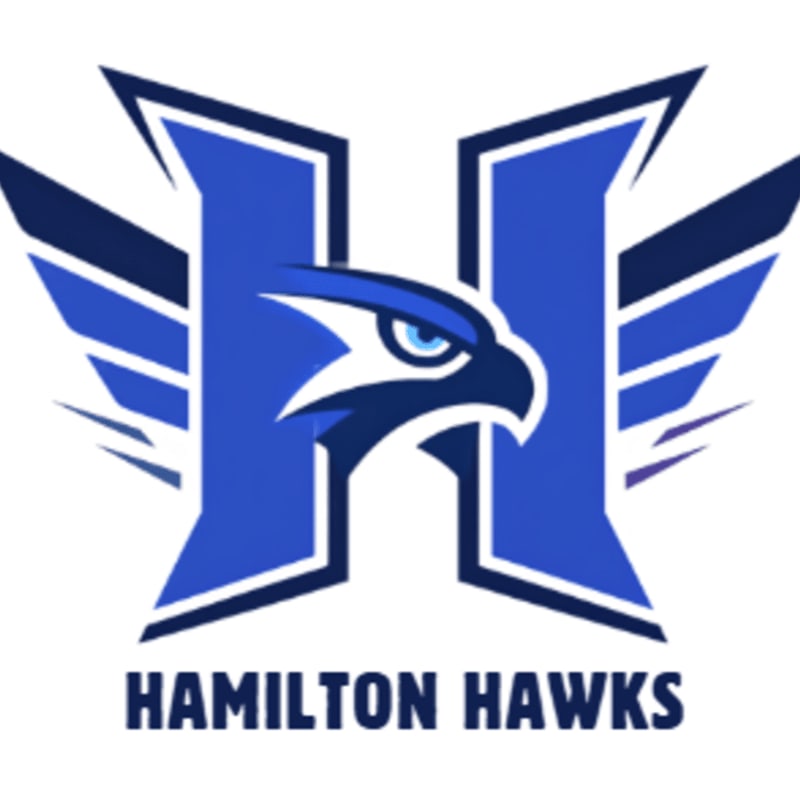 A blue hawk's head is superimposed on a stylized blue "H" with wings, with "HAMILTON HAWKS" written below.