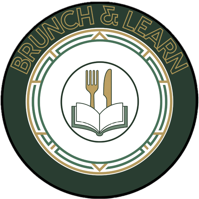 A circular logo with the words "BRUNCH & LEARN" in the background, and a fork and knife over an open book in the foreground.