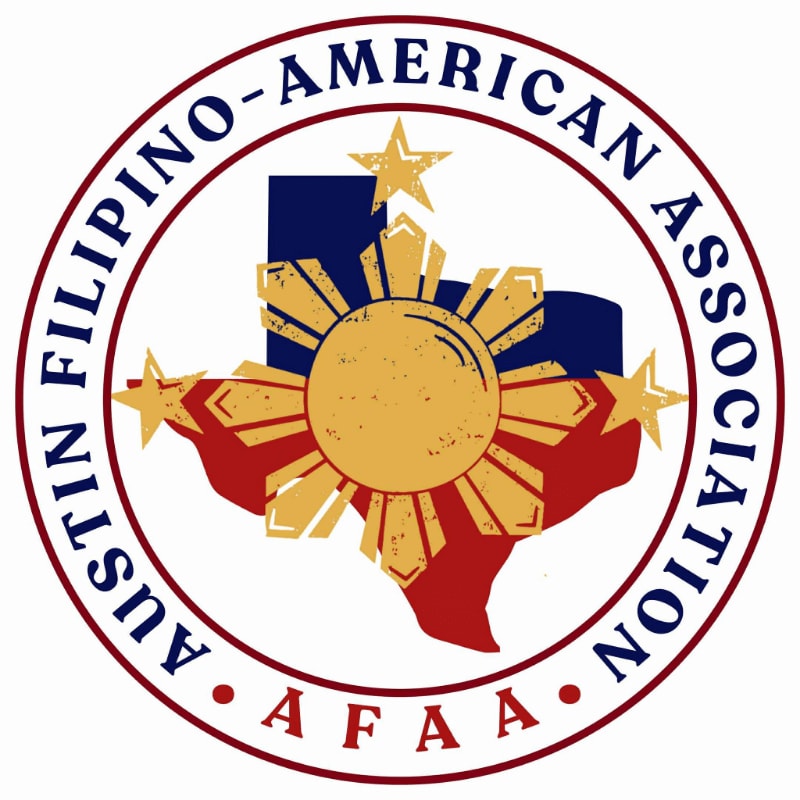 A circular logo with the words "AUSTIN FILIPINO-AMERICAN ASSOCIATION" encircling a stylized Texas map featuring the Philippine sun and stars in the foreground, against a white background.