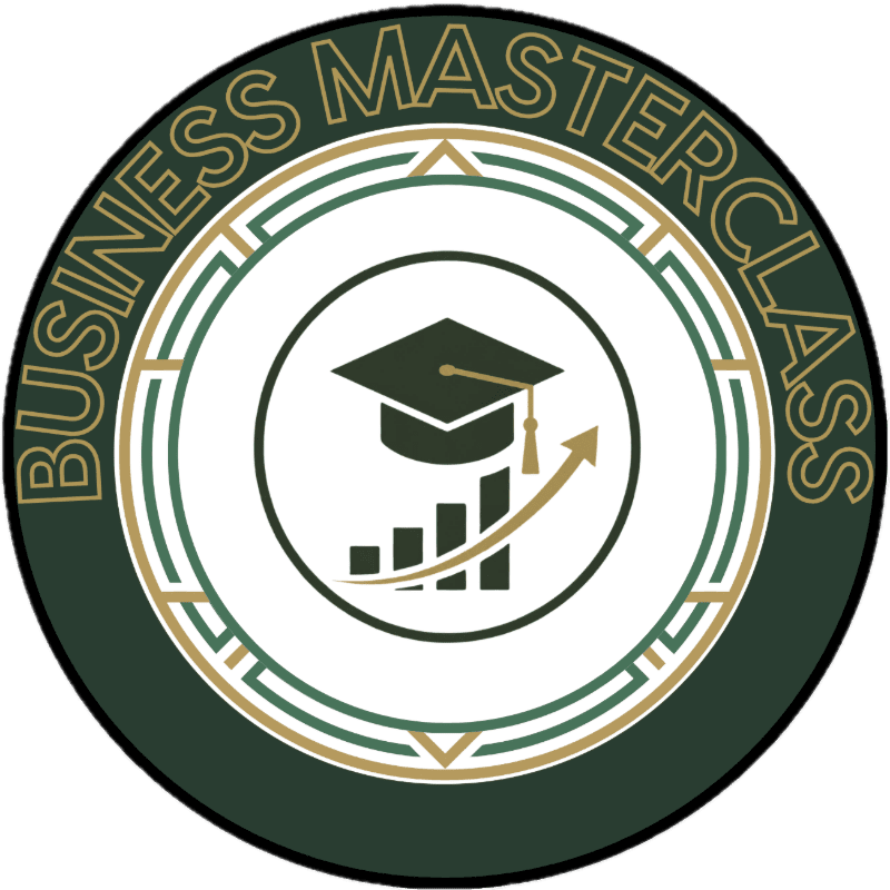 A graduation cap sits atop a rising bar graph with an upward arrow in the foreground, all within a circular emblem that reads "BUSINESS MASTERCLASS" in the background.