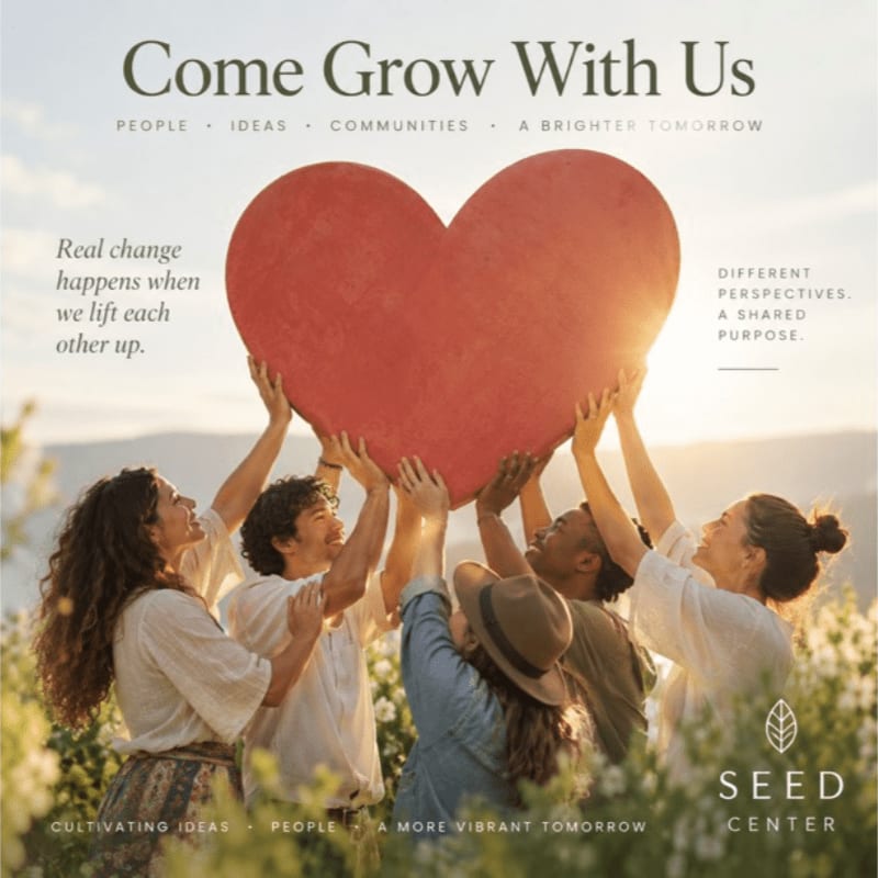 A diverse group of people in a field of flowers lifts a large red heart towards a bright sky, with the text "Come Grow With Us" at the top.