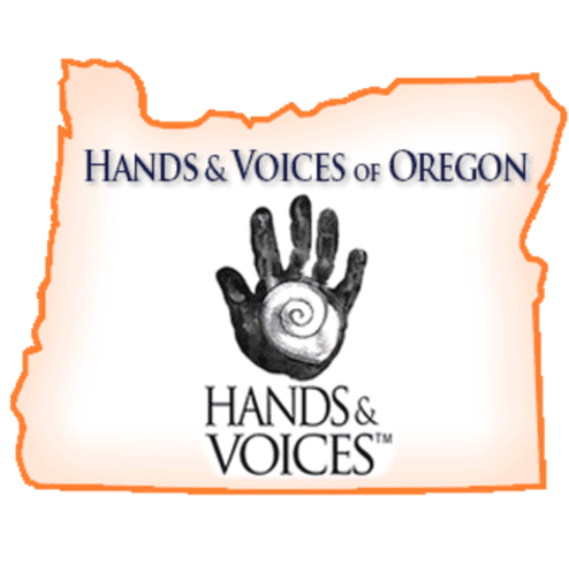 An orange outline of Oregon frames a black and white handprint with a spiral in its palm, above the text "HANDS & VOICES OF OREGON" and below the text "HANDS & VOICES".