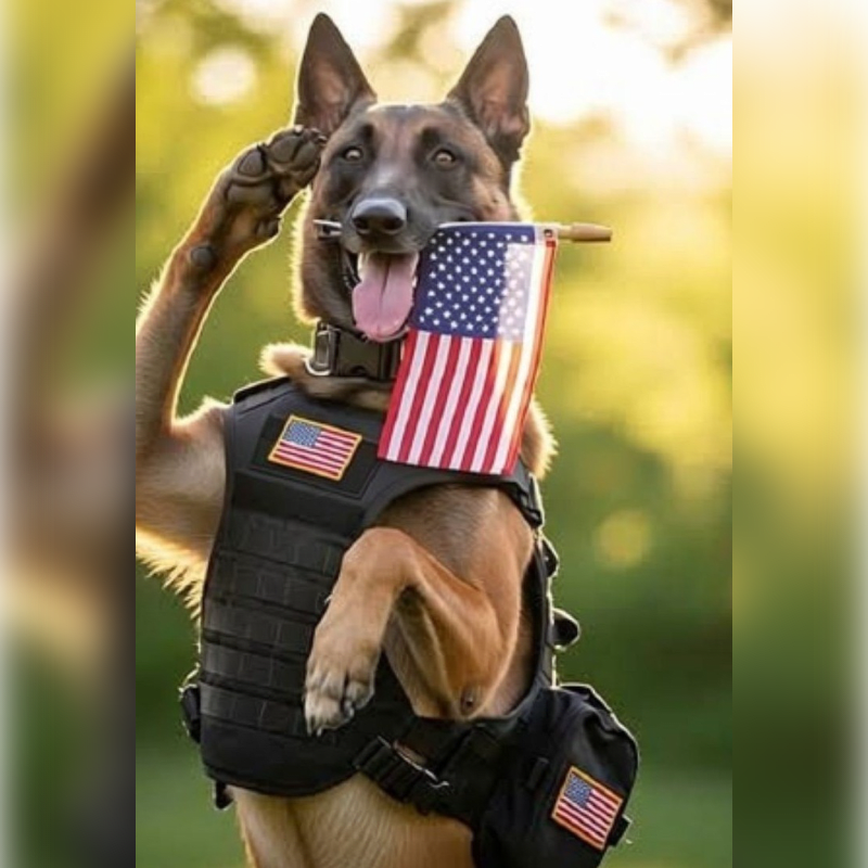 A German Shepherd in a tactical vest salutes with an American flag in its mouth against a blurred green background.