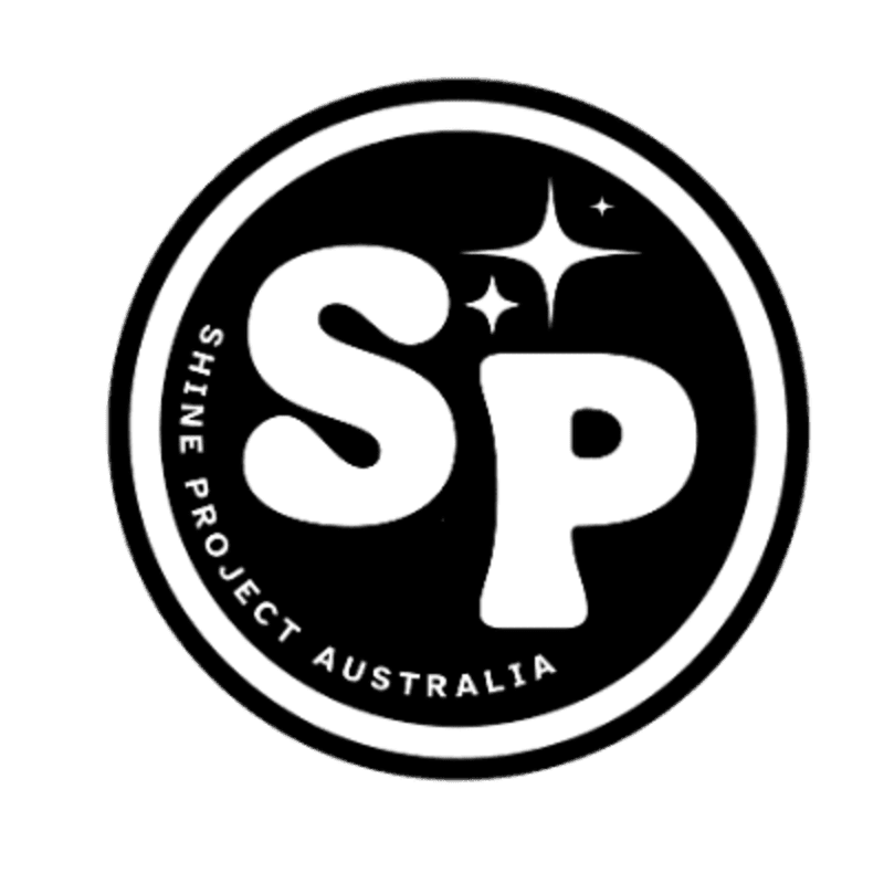 A black and white circular logo with the letters "SP" in the foreground and the words "SHINE PROJECT AUSTRALIA" in the background.
