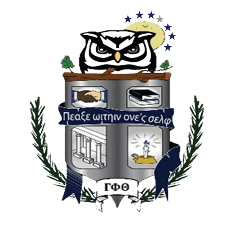 An owl perches above a crest featuring symbols of knowledge and peace, framed by laurel branches and a starry moon in the background.