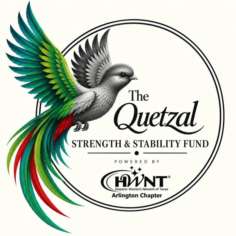 A vibrant quetzal bird with long, colorful tail feathers flies within a circular emblem, which contains text about the "Quetzal Strength & Stability Fund" and its sponsor, the "Hispanic Women's Network of Texas Arlington Chapter."