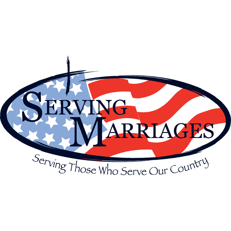 An oval logo features the American flag in the background with the words "SERVING MARRIAGES" in the foreground, and a tagline below reads "Serving Those Who Serve Our Country."