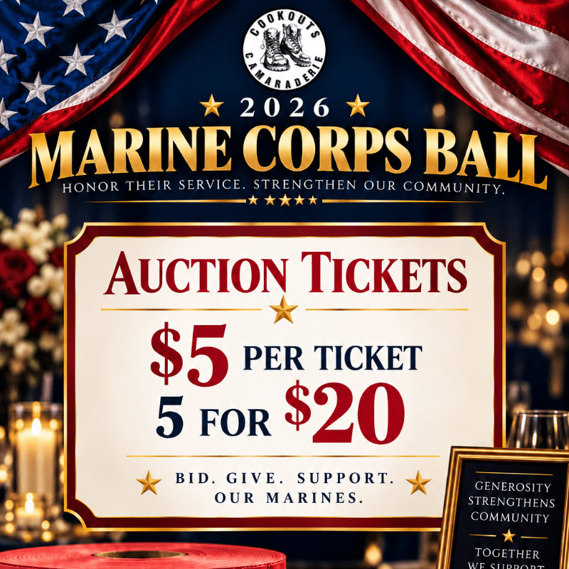 A sign for the Marine Corps Ball auction tickets, priced at $5 per ticket or 5 for $20, is displayed in the foreground against a backdrop of American flags and festive decorations.
