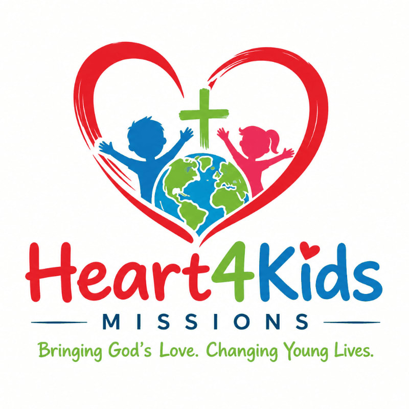Two children with outstretched arms stand on a globe within a red heart, with a green cross above them, all set against a white background with the text "Heart4Kids MISSIONS" and a tagline below.