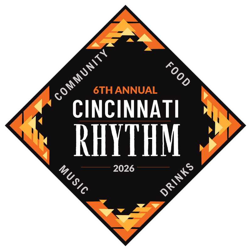 A black diamond-shaped logo with "6TH ANNUAL CINCINNATI RHYTHM 2026" in white text is surrounded by a geometric orange and yellow pattern.