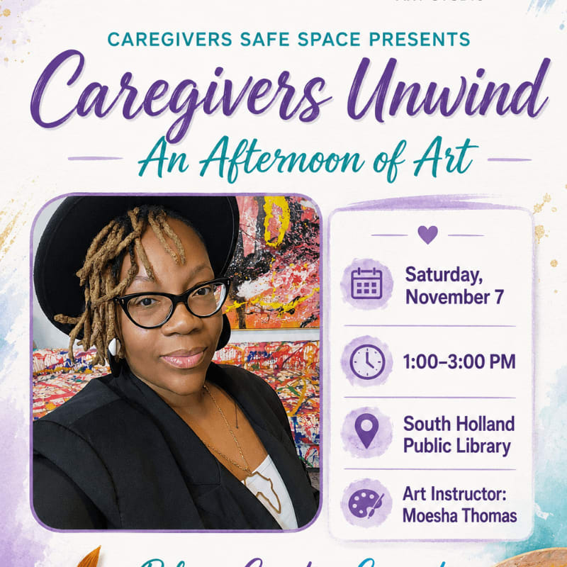 A woman with dreadlocks and glasses in the foreground is featured on a flyer for "Caregivers Unwind: An Afternoon of Art," with event details on the right and abstract art in the background.