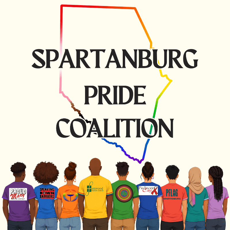 A diverse group of people stand with their backs to the viewer, wearing shirts with various messages and logos, against a backdrop of a rainbow-colored outline of South Carolina with "SPARTANBURG PRIDE COALITION" written across it.