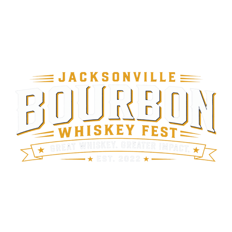 The foreground features bold white text with gold outlines spelling "JACKSONVILLE BOURBON WHISKEY FEST" and a banner with "GREAT WHISKEY, GREATER IMPACT. EST. 2022" in the background.