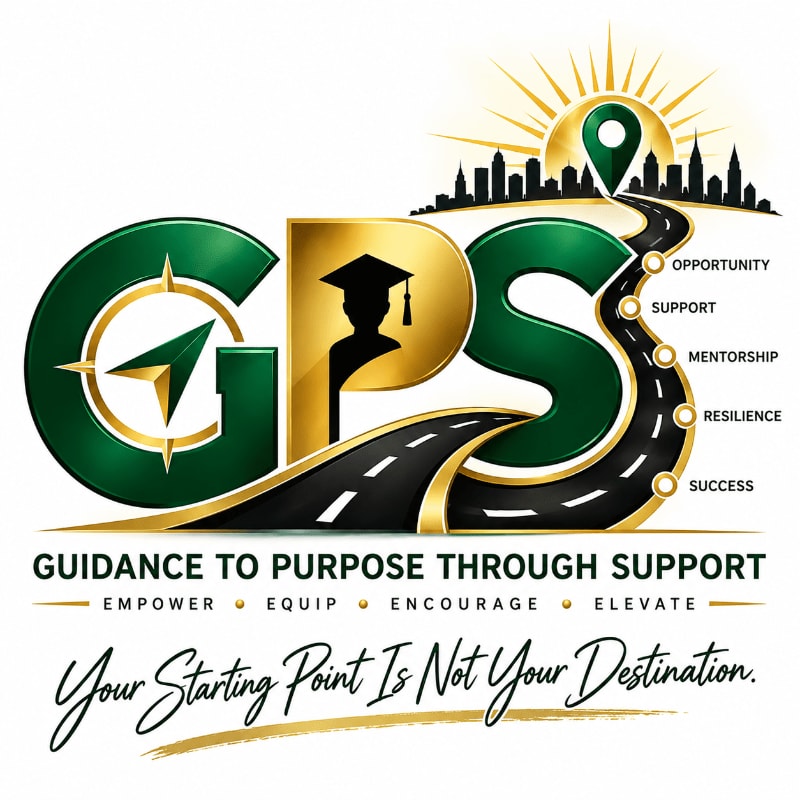 A winding road forms the letters "GPS" in the foreground, leading to a city skyline under a rising sun in the background, with words like "Opportunity" and "Success" marking the path.
