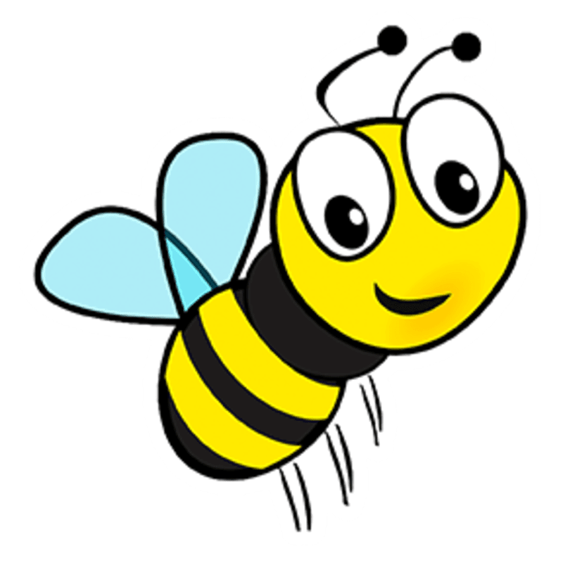 A cartoon bee with large eyes and black and yellow stripes flies against a plain white background.