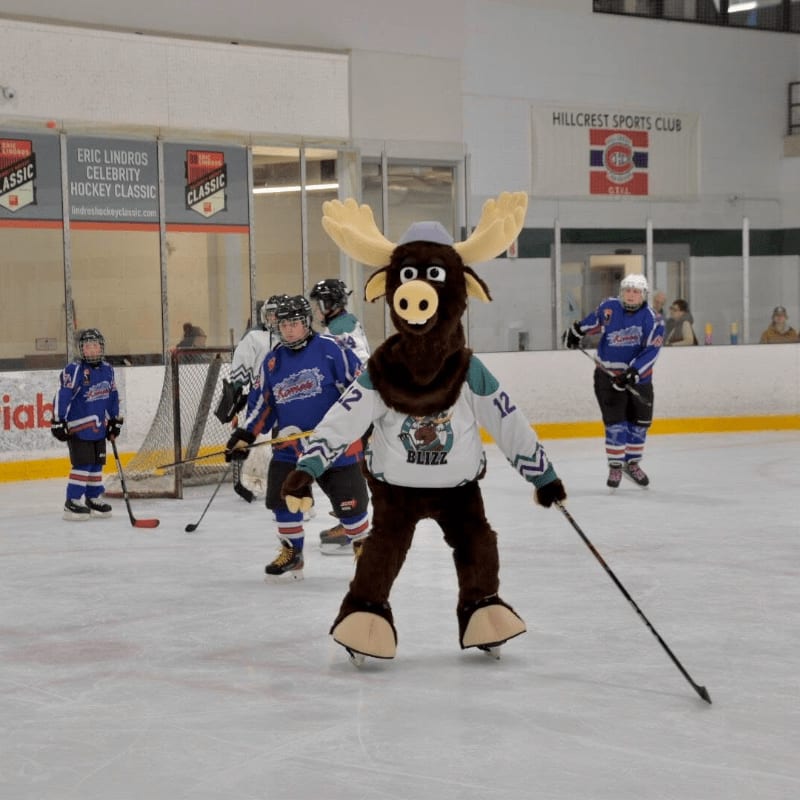 A moose mascot in a hockey jersey stands on an ice rink in the foreground, while hockey players and spectators are visible in the background.