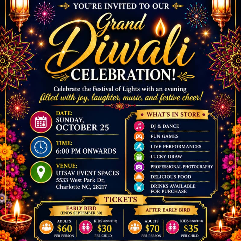 A vibrant Diwali celebration invitation with detailed event information in the foreground and a festive, starry background adorned with floral motifs and lanterns.