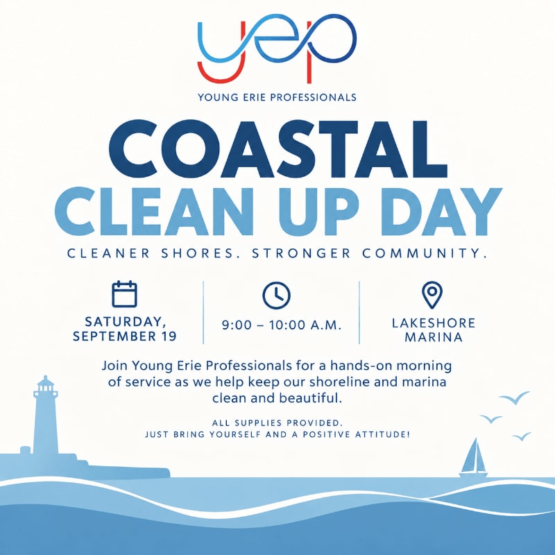 A lighthouse and sailboat are silhouetted against a wavy blue ocean in the foreground, while the background features text announcing "Coastal Clean Up Day" by Young Erie Professionals.