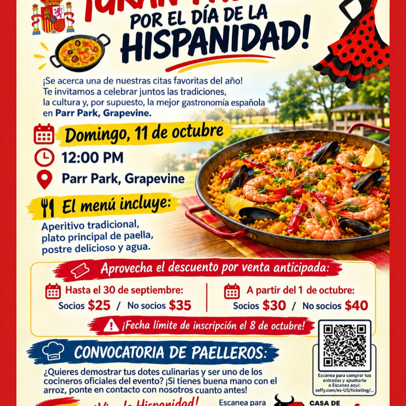A vibrant flyer advertises a Spanish cultural celebration in Parr Park, Grapevine, featuring a large paella dish in the foreground and text details about the event in the background.
