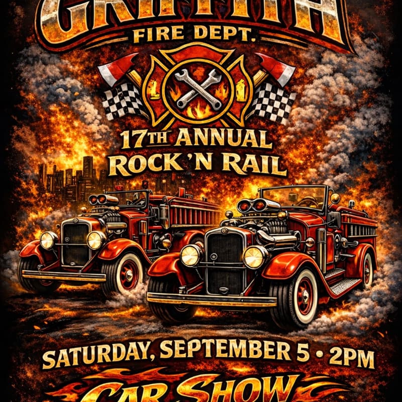 Two vintage red hot rod trucks with chrome accents are featured in the foreground against a fiery, smoky background with a city skyline and a fire department emblem.