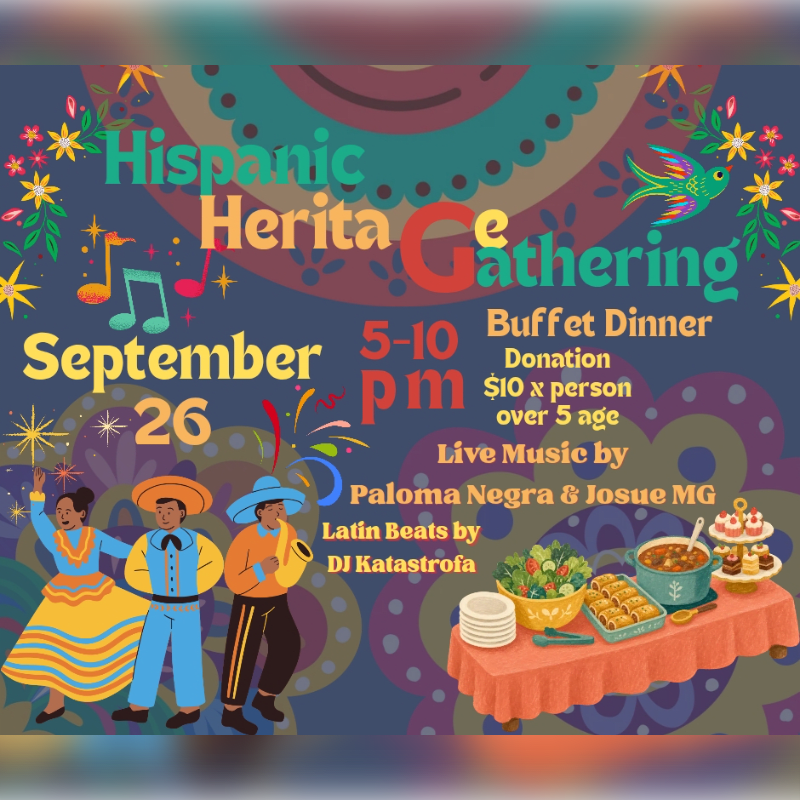 A vibrant Hispanic Heritage Gathering poster features dancing figures and a buffet table in the foreground against a colorful, patterned background with event details.