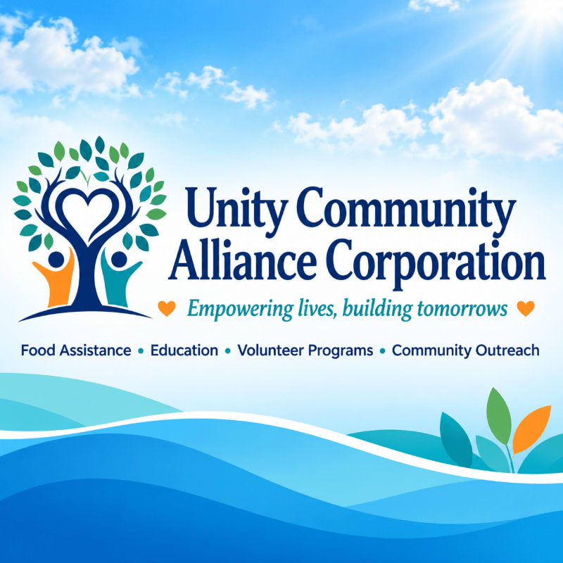 A logo for Unity Community Alliance Corporation, featuring a stylized tree with a heart and people in the foreground, is set against a bright blue sky with clouds and wavy blue water at the bottom.