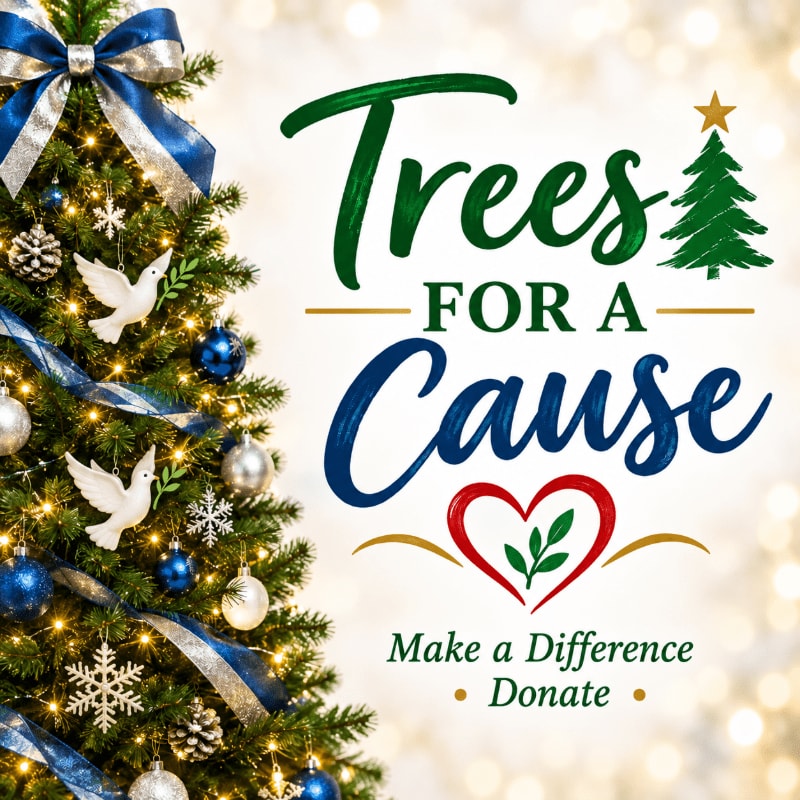 A decorated Christmas tree with blue and silver ornaments and ribbons stands in the foreground, while the background features a bokeh effect of warm, glowing lights and the text "Trees for a Cause" with a heart and leaf logo.