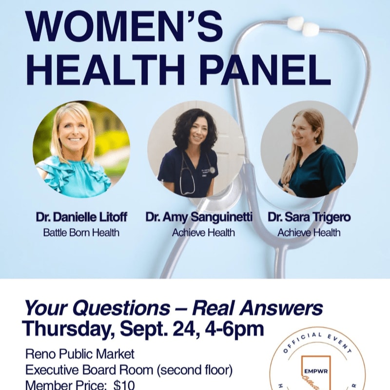 Three women doctors are featured in circular portraits against a light blue background with a stethoscope overlay, promoting a "Women's Health Panel" event with details at the bottom.