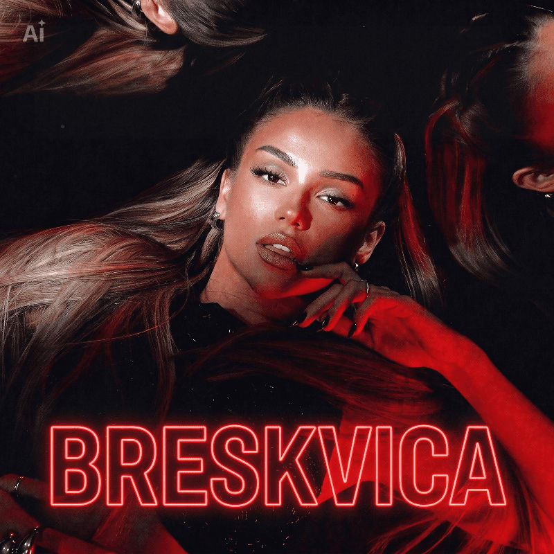 A woman with long blonde hair is in the foreground against a dark, red-lit background with the word "BRESKVICA" in neon letters.