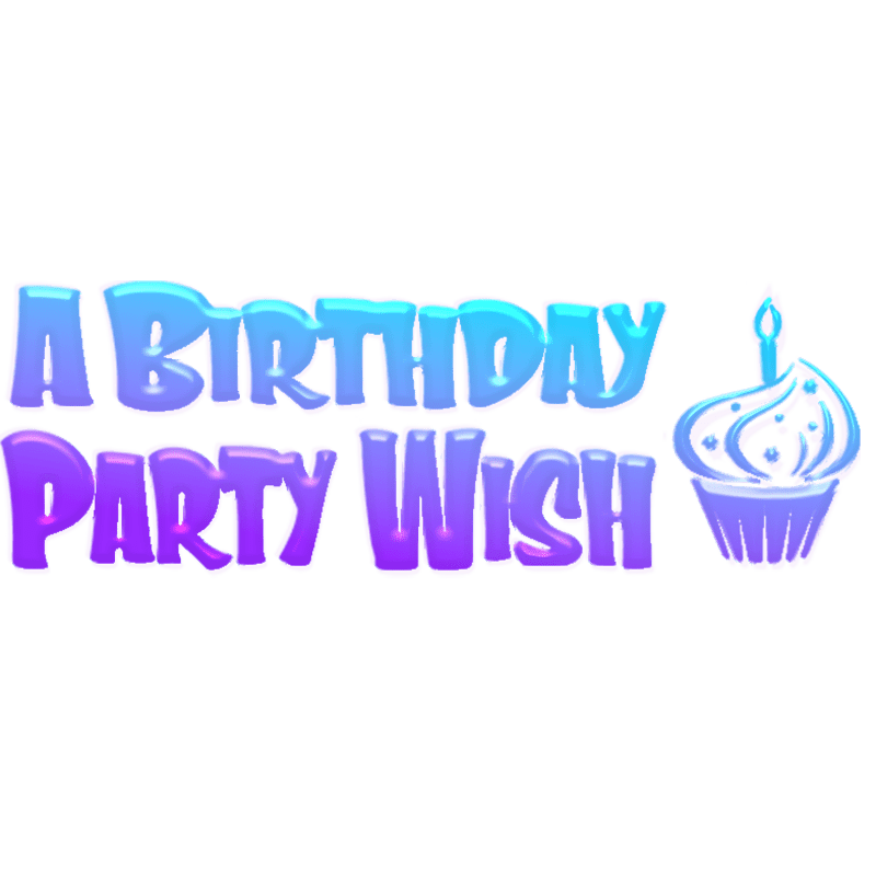 A cupcake with a lit candle sits to the right of the words "A BIRTHDAY PARTY WISH" in colorful, bubbly letters against a white background.
