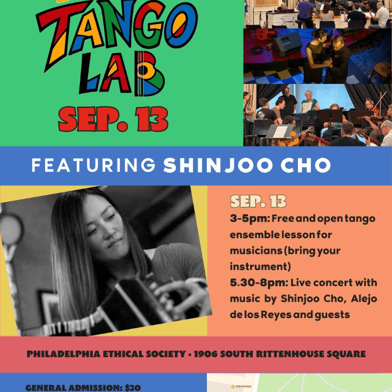 A black and white photo of a woman playing an accordion is in the foreground, while the background displays event details and images of people dancing and playing music.