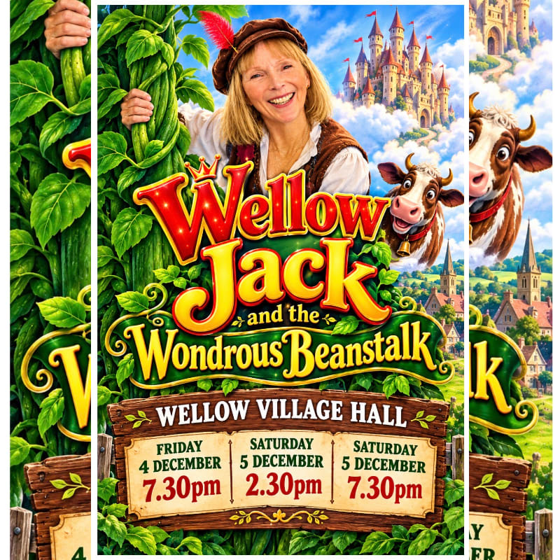A smiling woman in a feathered hat stands beside a giant beanstalk in the foreground, while a whimsical castle and a cow are visible in the background.