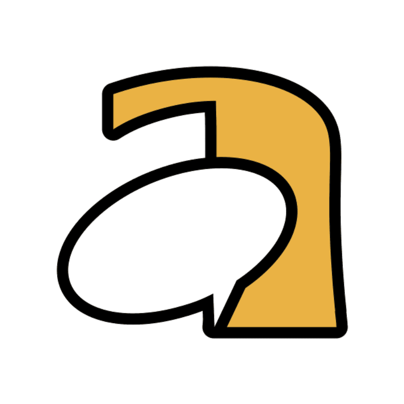 A yellow stylized letter "a" with a white speech bubble in front of it is set against a plain white background.