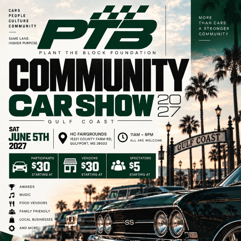 A community car show poster features a line of classic cars in the foreground and palm trees against a blue sky in the background.