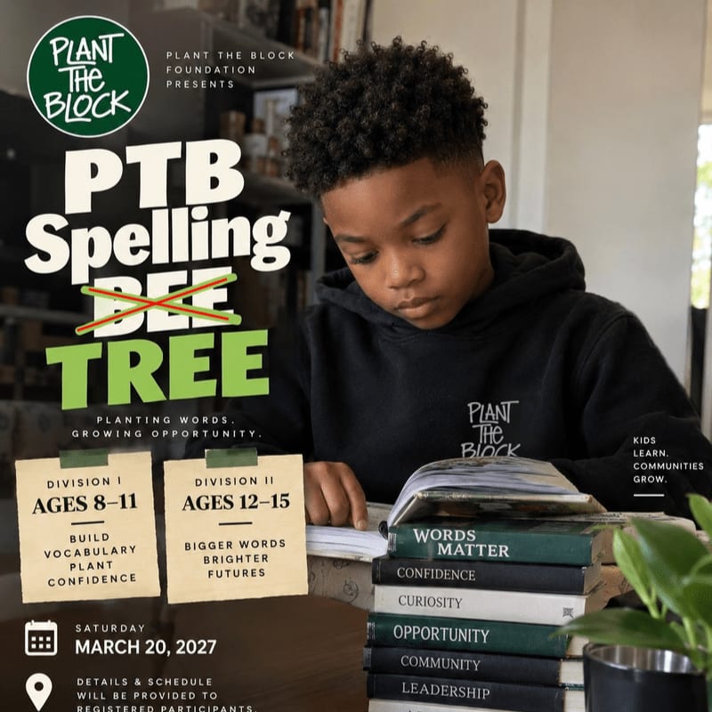 A young boy focuses on a book in the foreground, with event details for a PTB Spelling Bee and the Plant the Block Foundation logo in the background.