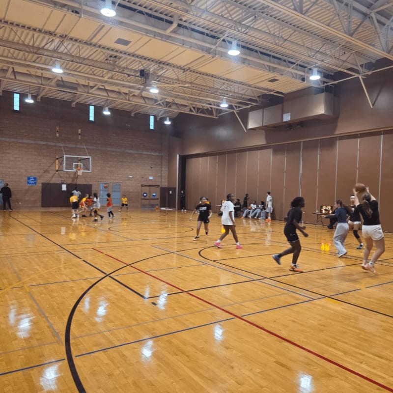 Children play basketball on a polished wooden court in a brightly lit gymnasium with bleachers in the background.