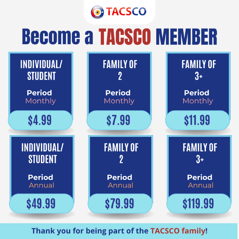 Six membership plans with prices are displayed on a light blue background with the TACSO logo at the top and a thank you message at the bottom.