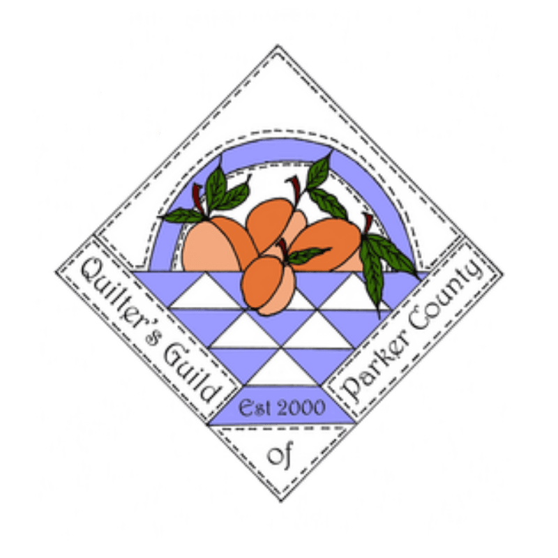 A basket of peaches sits in the foreground, framed by a diamond-shaped quilt pattern and text that reads "Quilter's Guild of Parker County Est 2000" in the background.