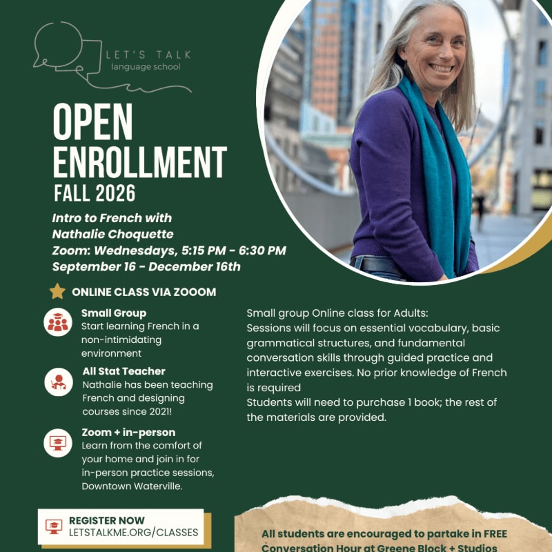 A smiling woman in a purple sweater and teal scarf stands in the background, while the foreground displays an advertisement for an open enrollment language class.