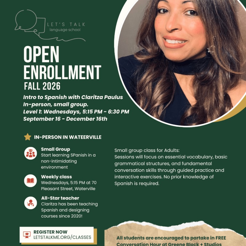 A smiling woman is featured in the upper right corner of a flyer announcing open enrollment for a Spanish class, with details about the class and registration information filling the rest of the space.