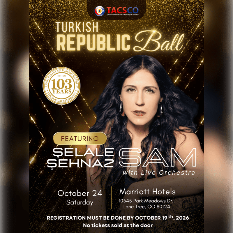 A woman with dark, wavy hair is featured in the foreground of a poster for the Turkish Republic Ball, set against a glittering gold and black background with event details.