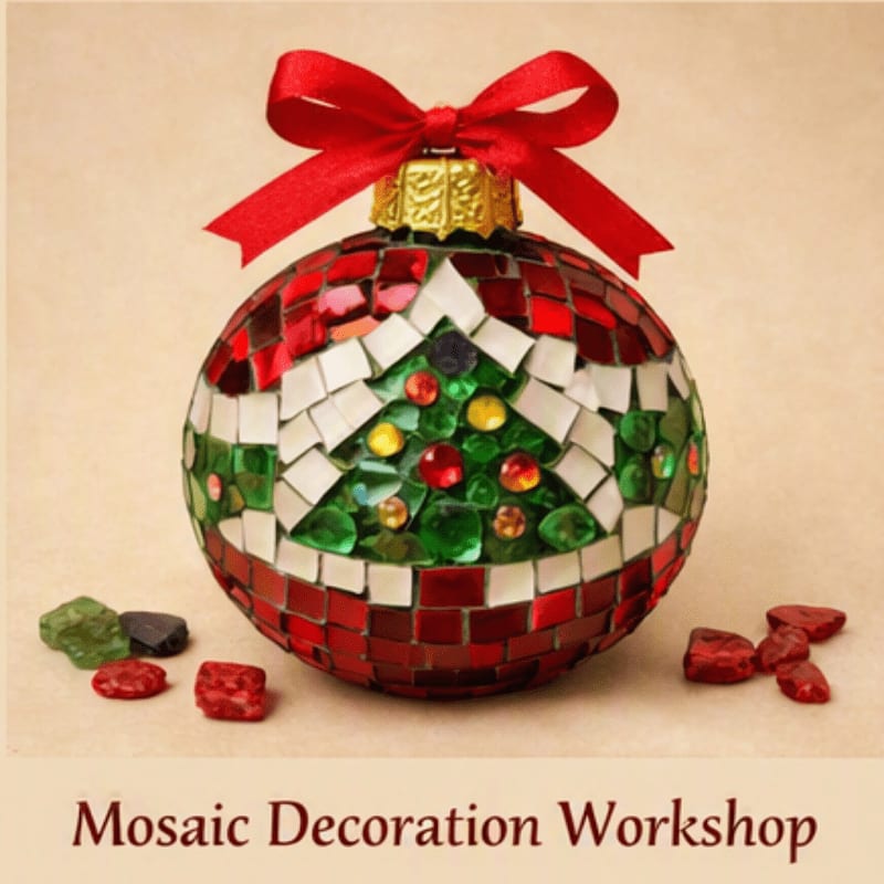 A festive mosaic Christmas ornament with a tree design sits on a textured background, surrounded by scattered mosaic tiles.