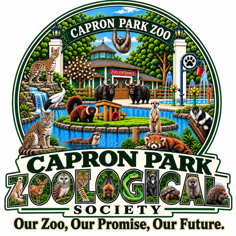 Various animals like a leopard, sloth, and bison are featured in the foreground around a zoo entrance building with trees and a fountain in the background.