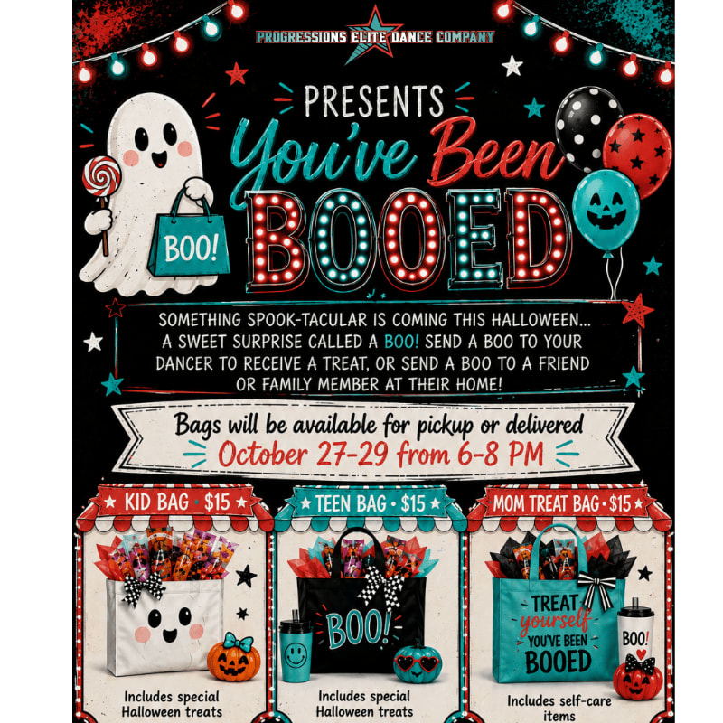 A spooky Halloween-themed flyer advertises "You've Been Booed" treat bags with a ghost and balloons in the background, and three different treat bags in the foreground.