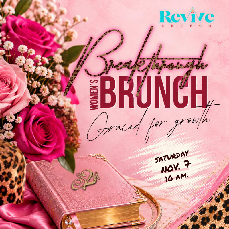 A pink Bible and a bouquet of pink roses are in the foreground, with text announcing a "Women's Brunch" in the background.
