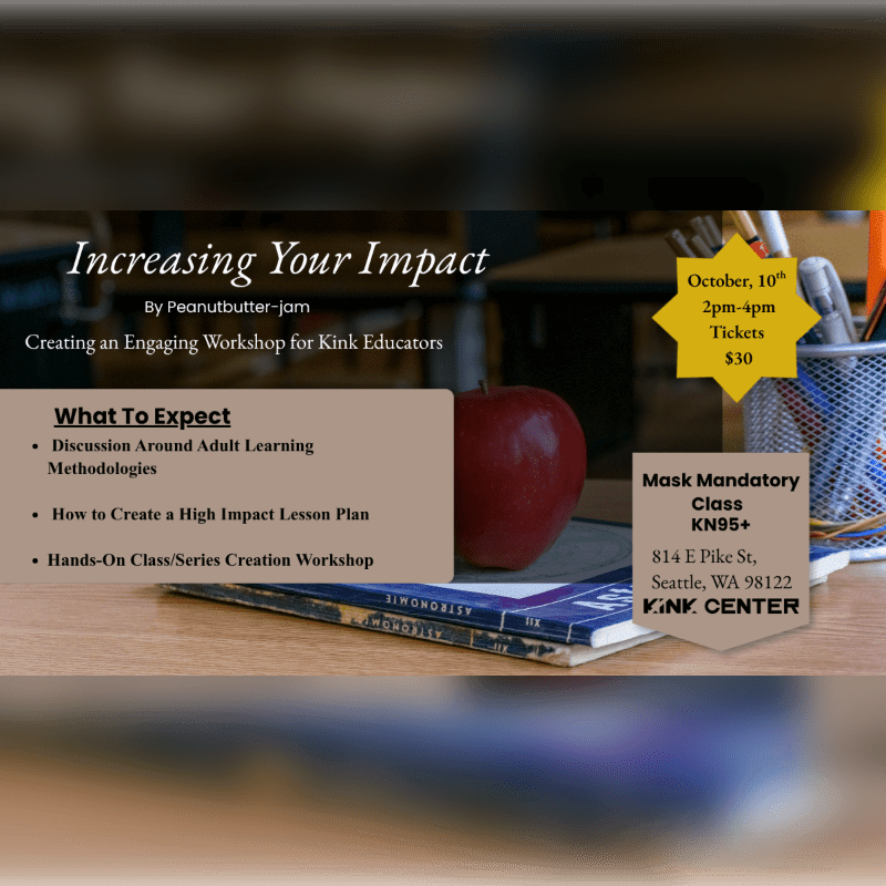 A red apple and books sit on a wooden desk in the foreground, with art supplies and a blurred background suggesting a classroom setting.