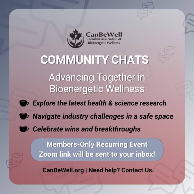 A gradient background with chat bubble graphics frames text announcing "COMMUNITY CHATS" for the Canadian Association of BioEnergetic Wellness, detailing event benefits and access information.