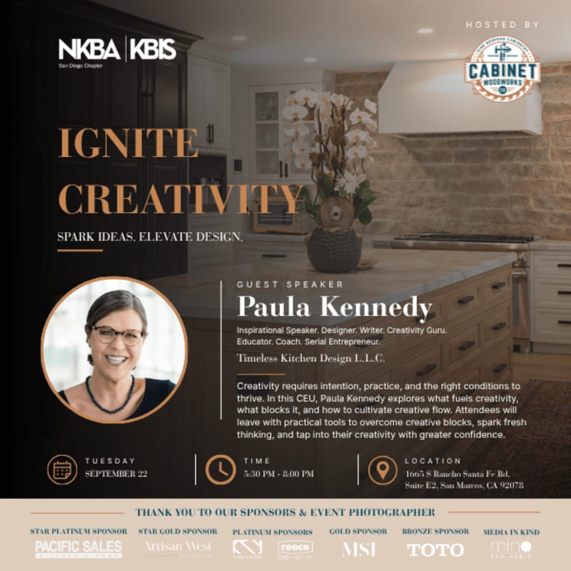 A portrait of Paula Kennedy is featured in the foreground, with a kitchen setting in the background.