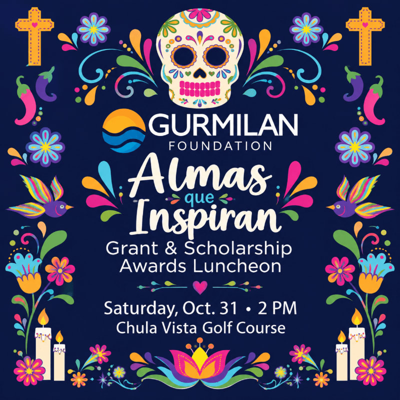 A colorful Day of the Dead-themed invitation for the Gurmilán Foundation's "Almas que Inspiran" Grant & Scholarship Awards Luncheon is framed by floral and skull motifs, with event details clearly displayed on a dark blue background.
