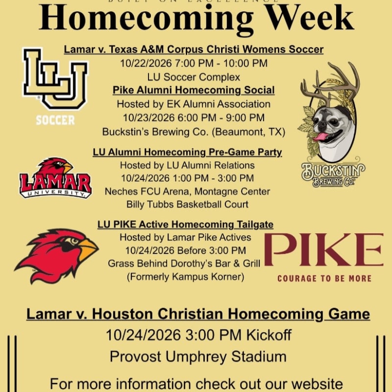 A beige background with a Greek temple graphic at the top and a list of homecoming events with logos and details in the foreground.